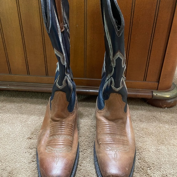 SIZE 8 VTG WOMENS MASTERSON BOOT CO COWBOY NAVY AND BROWN BOOTS SQ TOE - Picture 3 of 11